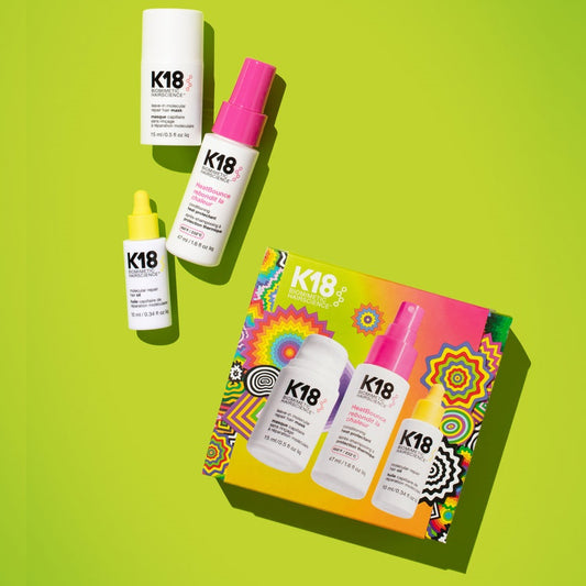 K18 repair, protect + smooth holiday kit (Leave-In Repair Mask 15ml + Heatbounce 47ml + Oil 10ml)