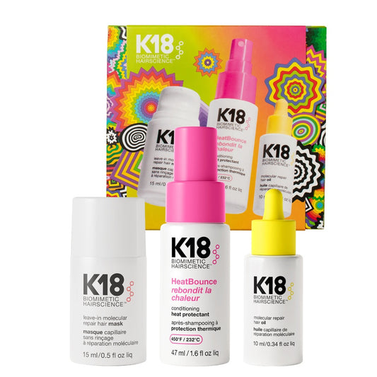 K18 repair, protect + smooth holiday kit (Leave-In Repair Mask 15ml + Heatbounce 47ml + Oil 10ml)