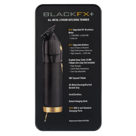 BaBylissPRO BlackFX+ all-metal lithium outlining trimmer retail box with product image and feature list