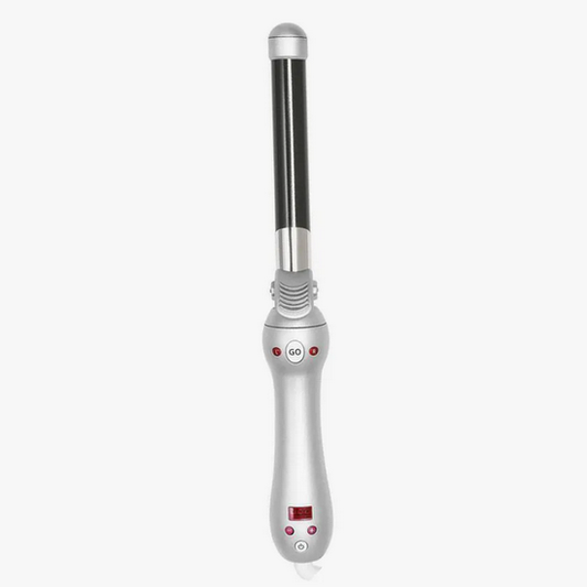 Beachwaver PRO 1 curling iron with 1-inch barrel and silver handle shown upright on white background