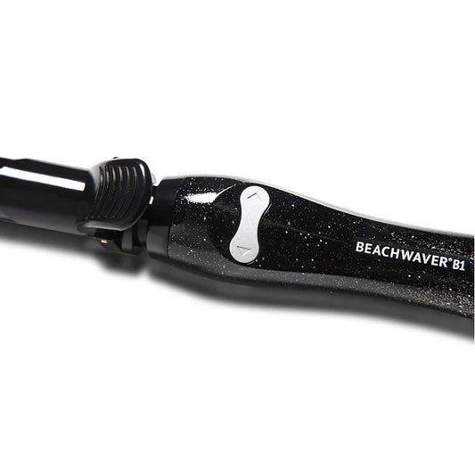 Close-up of Beachwaver S1 black sparkle curling iron handle with rotation control buttons