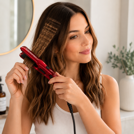 A woman with long brown hair uses a red flat iron to style her hair in a bright bathroom setting.