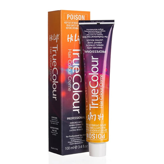 Hi Lift True Colour Hair Colour Creme 100g tube standing beside its orange and purple retail box