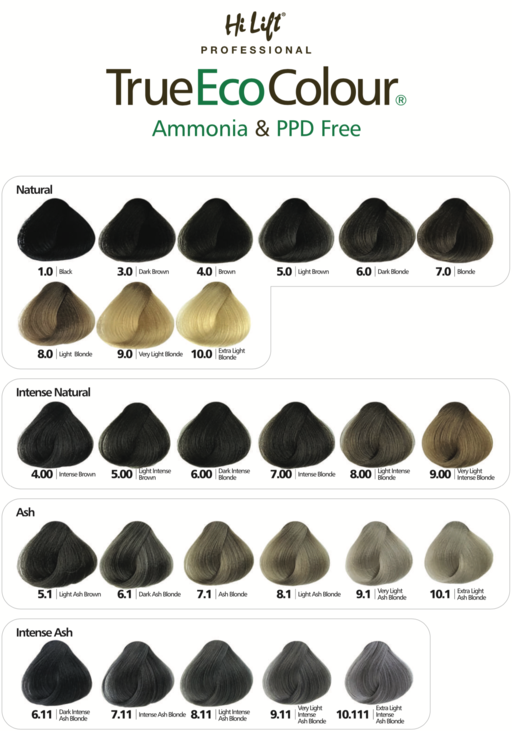 Hi Lift True Eco Colour shade chart showing natural, intense natural and ash hair colour swatches