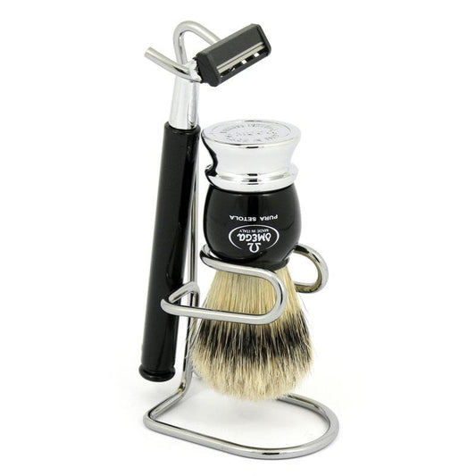 Omega Shaving Brush with Stand and Razor 100% Pure Bristles / Made in Italy