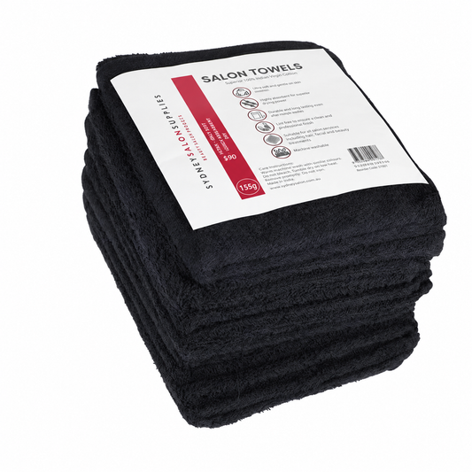Pack of black salon towels with product label showing 155g weight