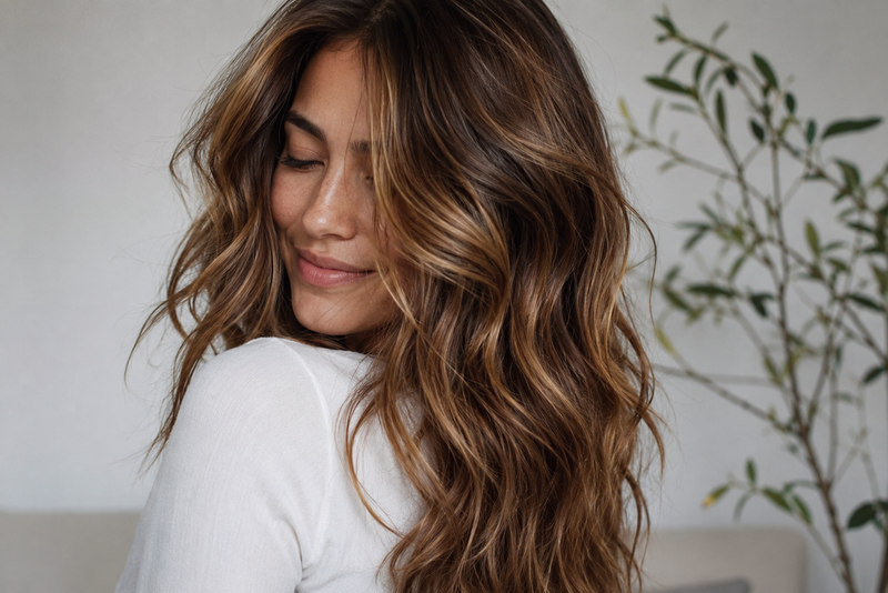 Woman with healthy, glossy brunette hair and soft natural waves, representing a post-winter Spring hair reset.