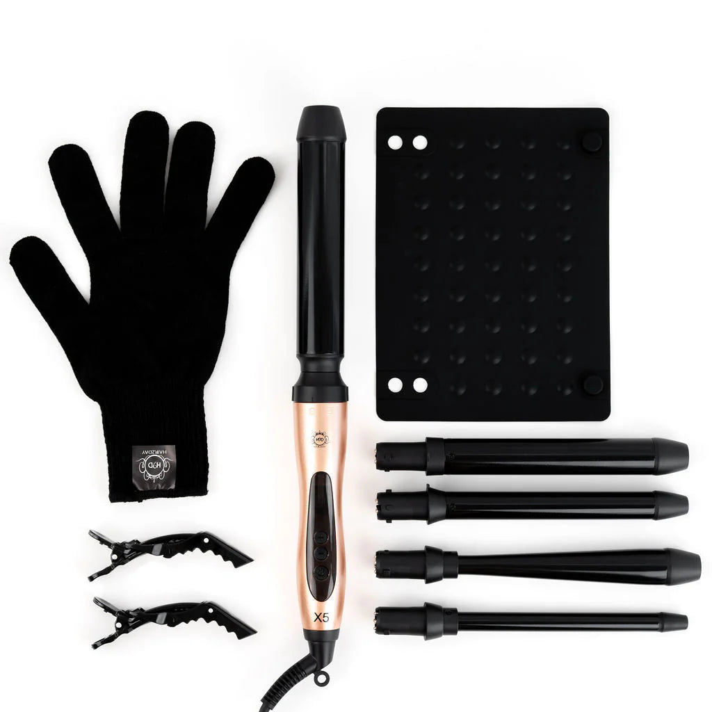 H2D Rose Gold X5 Professional Curling Wand with Mat, Glove & Clips