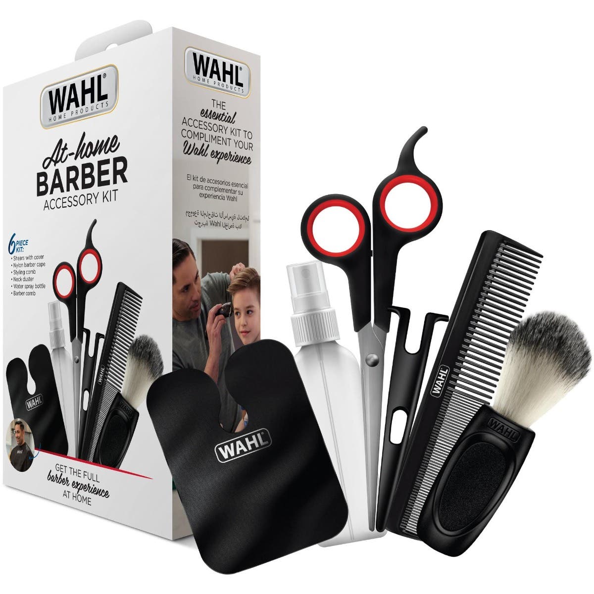 Wahl At-home Barber Accessory Kit: Scissors, Comb, Cape, Cleaning Brush & Spray Bottle