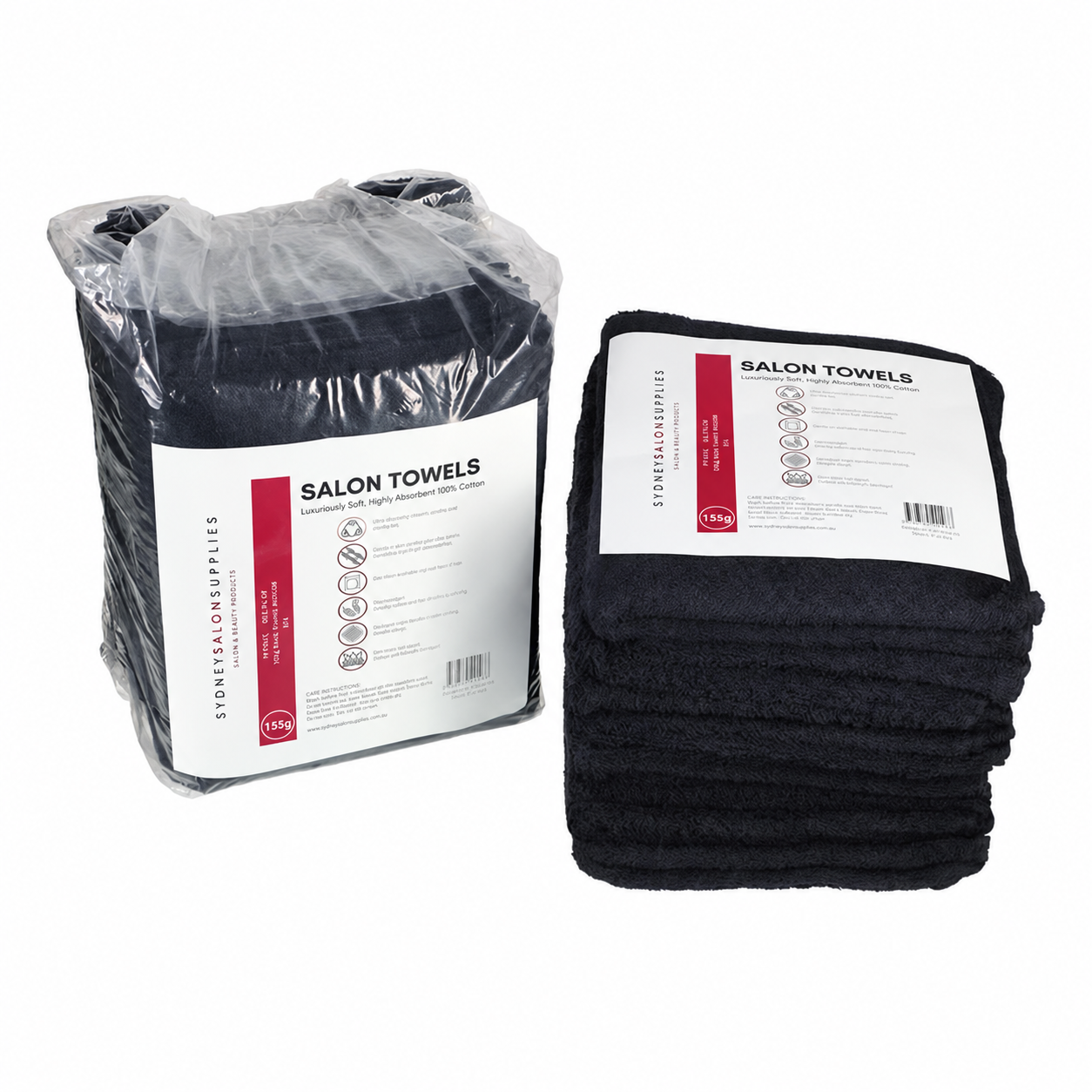 Two 10-packs of black 155g salon towels, one wrapped and one unwrapped
