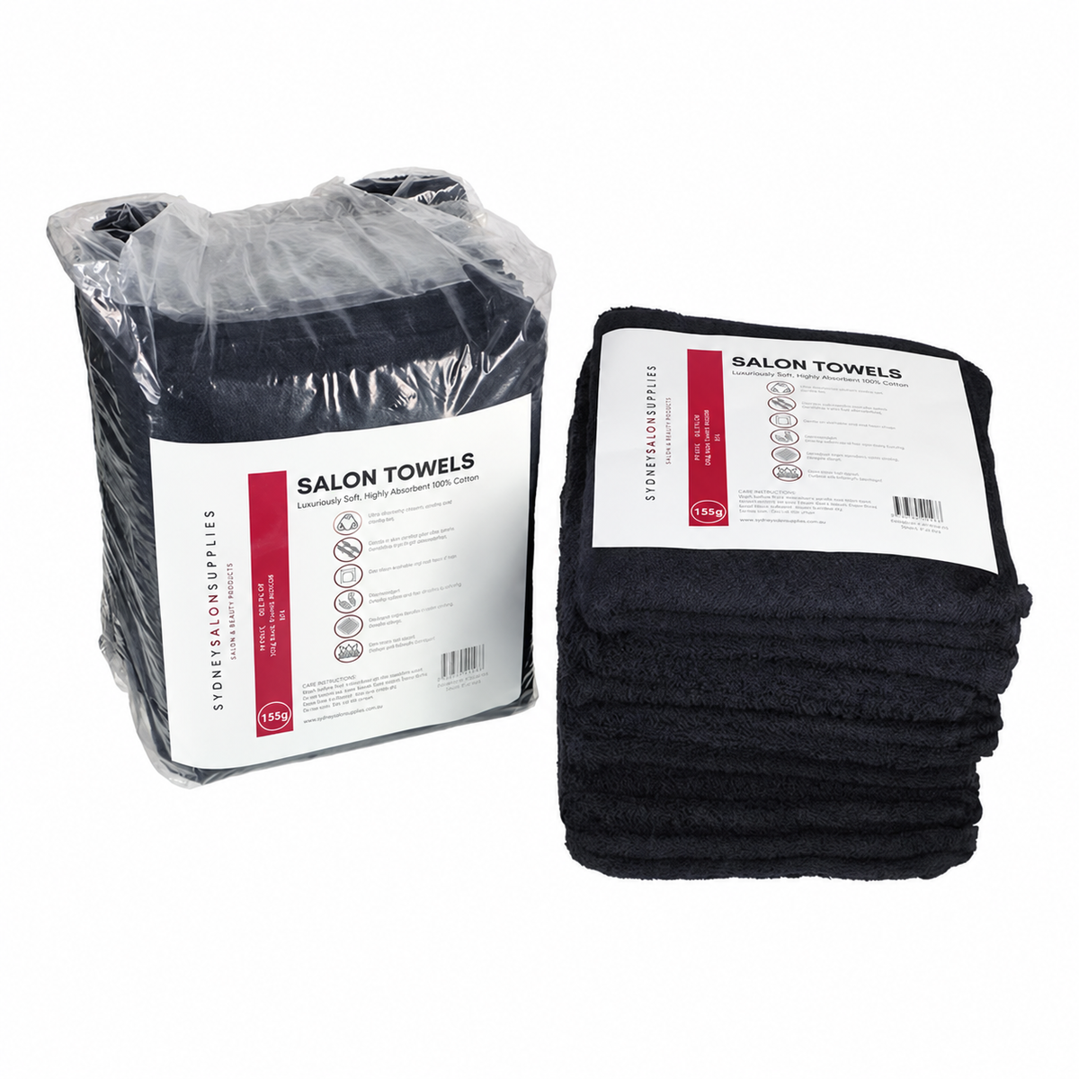 Two 10-packs of black 155g salon towels, one wrapped and one unwrapped