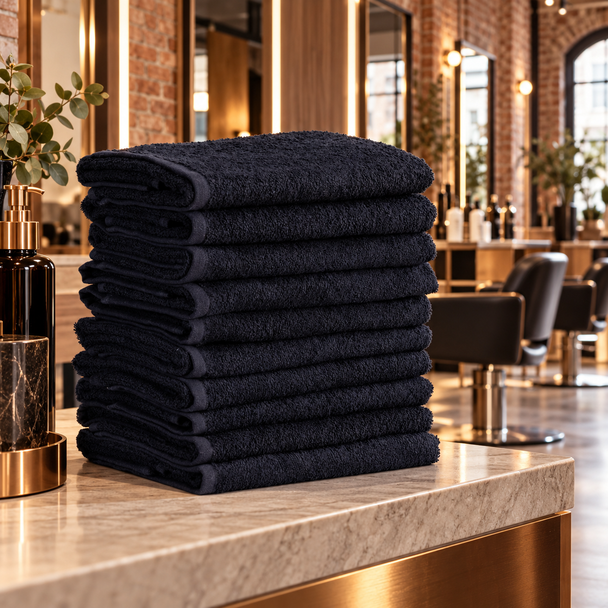 Stack of black salon towels on a marble counter in a modern hair salon
