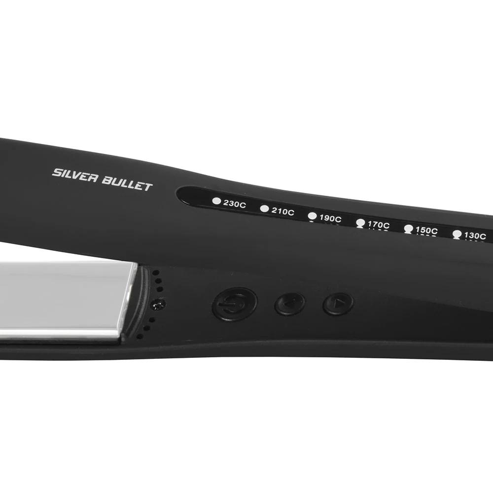 Close-up of a black hair straightener showing the brand name 'SILVER BULLET' and temperature settings from 130C to 230C on a white background.