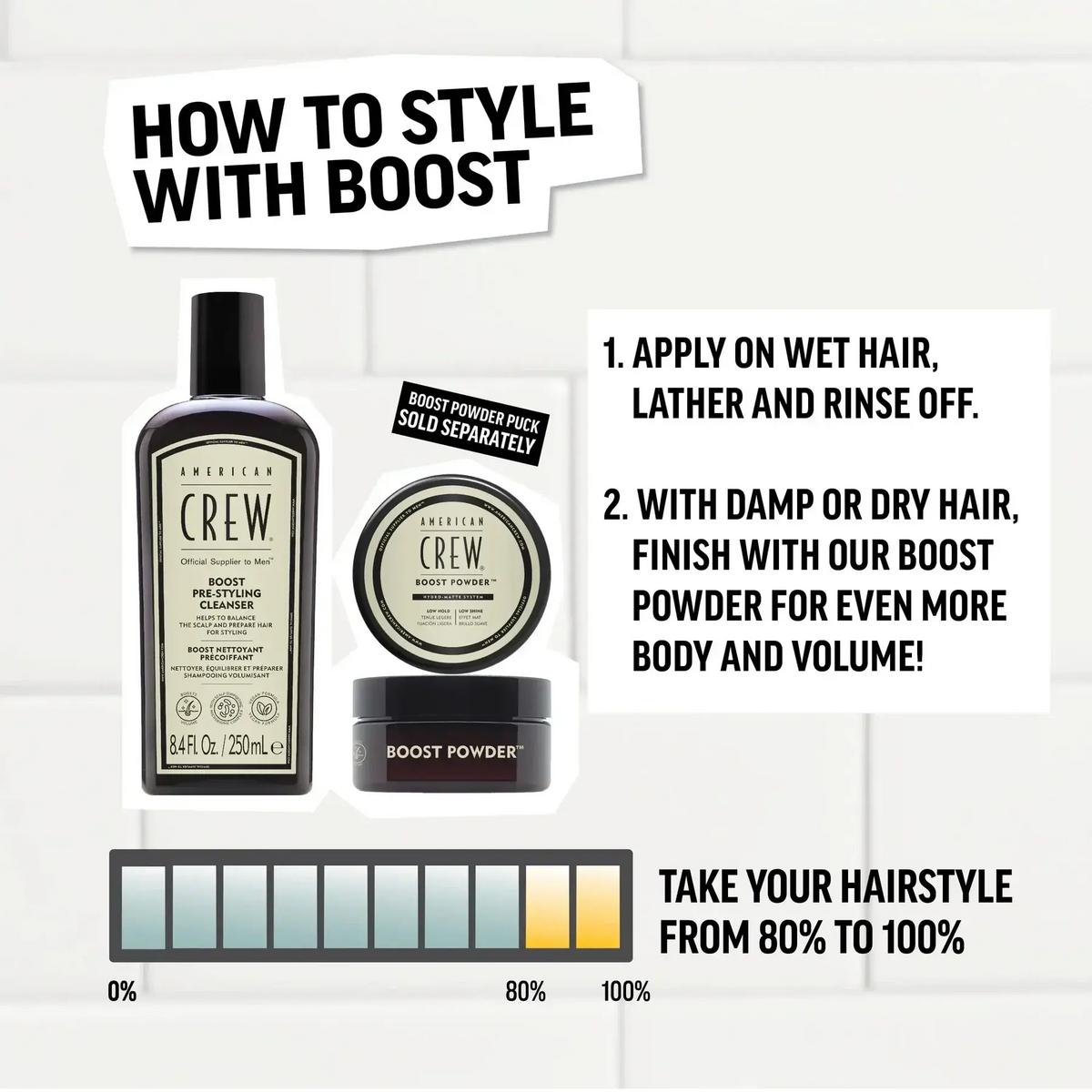 American Crew Boost Pre-Styling Shampoo and Boost Powder with instructions for adding body and volume to fine hair.