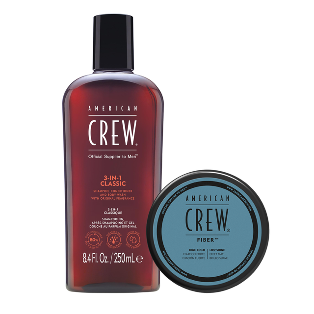 American Crew Fiber 85g + 3-in-1 Shampoo Conditioner Body Wash 250ml Duo | High Hold Matte Styling + All-in-One Men’s Grooming Set