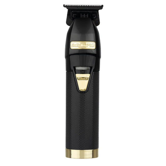 BaBylissPRO BlackFX+ outlining hair trimmer in black with gold accents, shown upright on white background