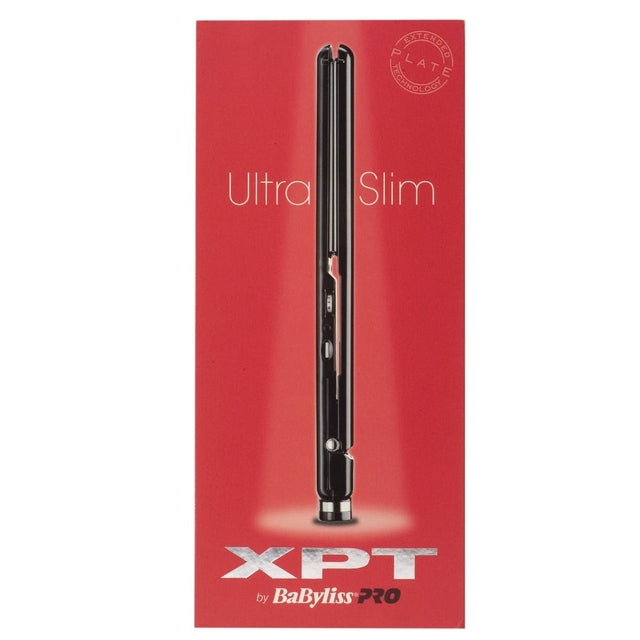 BaBylissPRO XPT Ultra Slim Hair Straightener retail packaging featuring the black ceramic titanium straightener with extended plate technology on a red box.
