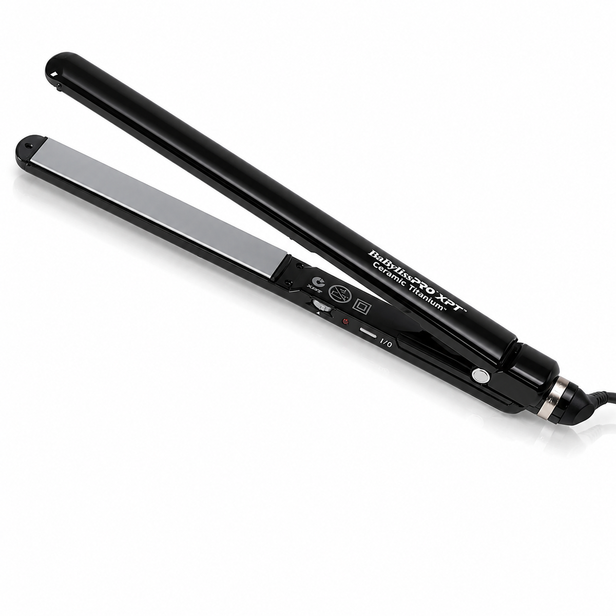 BaBylissPRO XPT Ultra Slim 25mm Ceramic Titanium Hair Straightener in Black with extra-long 120mm plates, adjustable temperature control and professional salon styling performance.
