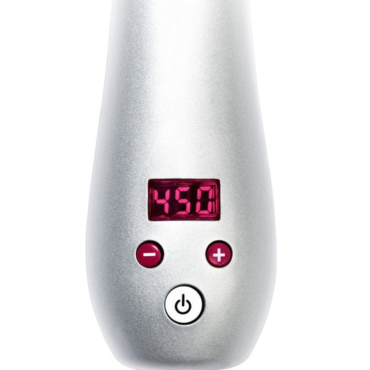 Close-up of Beachwaver PRO 1 curling iron handle with digital display reading 450 and control buttons