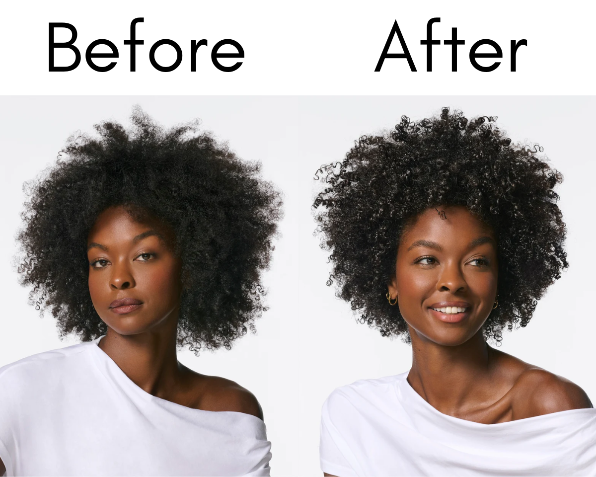 Before and after comparison showing natural curly hair transformed from frizzy and undefined to hydrated, defined and healthy-looking curls.
