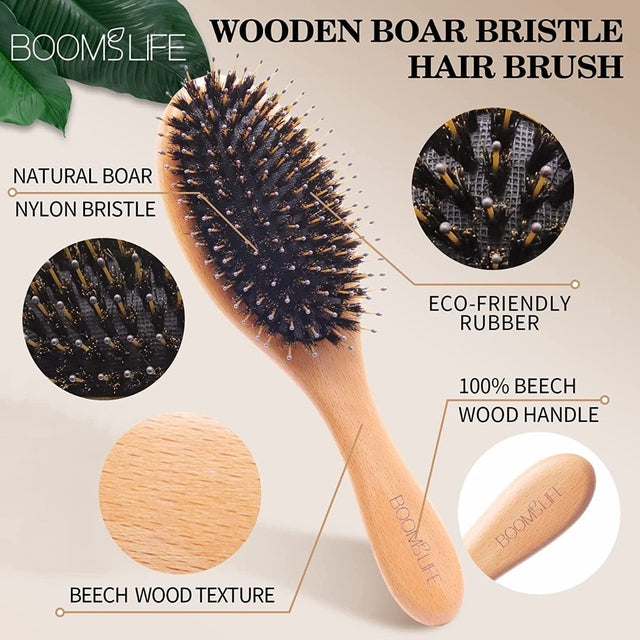 BoomsLife Oak Wood Handle Nylon & Boar Bristle Cushion Brush