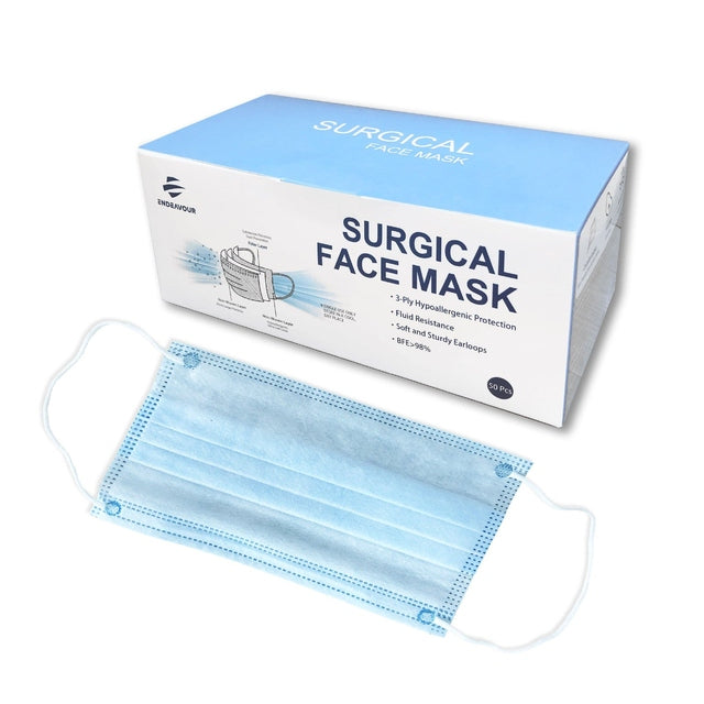 Box of 50 Endeavour Surgical Face Masks with Ear Loops. 50 Blue 3ply Masks BFE>98%