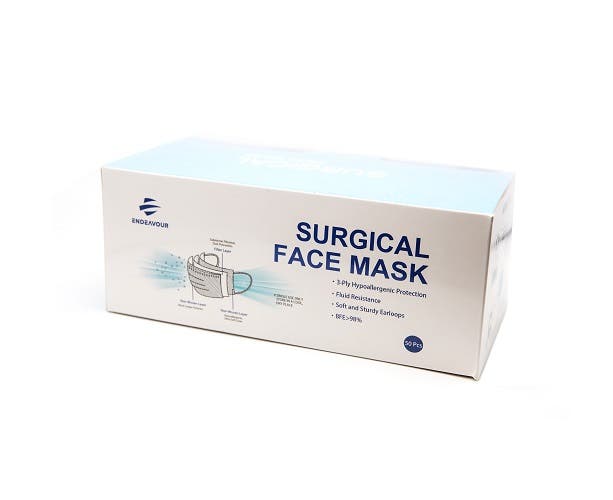 Box of 50 Endeavour Surgical Face Masks with Ear Loops. 50 Blue 3ply Masks BFE>98%