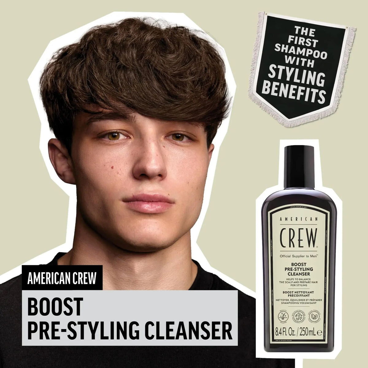 American Crew Boost Pre-Styling Cleanser with a model and product bottle on a beige background