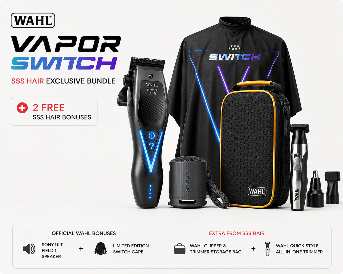 Wahl Vapor Switch SSS Hair Exclusive Bundle featuring a black electric clipper with blue LED accents, a black Switch cape, a black zippered storage bag with yellow trim, a silver trimmer, and several attachment heads, all displayed on a white background with promotional text.