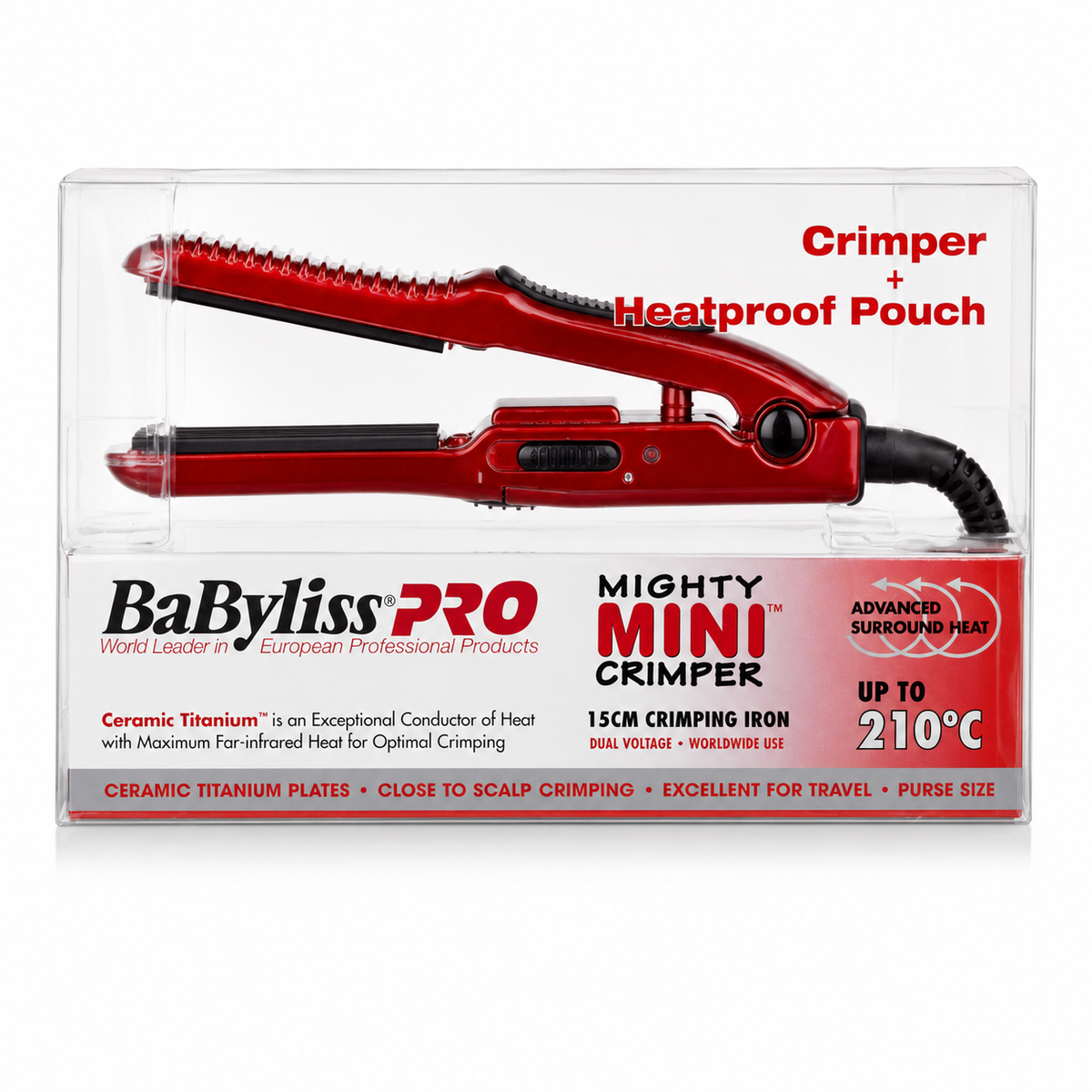 BaBylissPRO Mighty Mini Crimper in red, shown inside its original retail packaging box. The packaging features a clear plastic window displaying the red and black hair crimper tool, along with red and black text detailing its features like 'Crimper + Heatproof Pouch' and 'UP TO 210°C'.