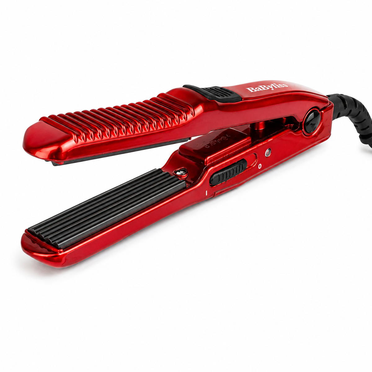 A red Babylite hair straightener with black plates and a black cord, shown on a clean white background.