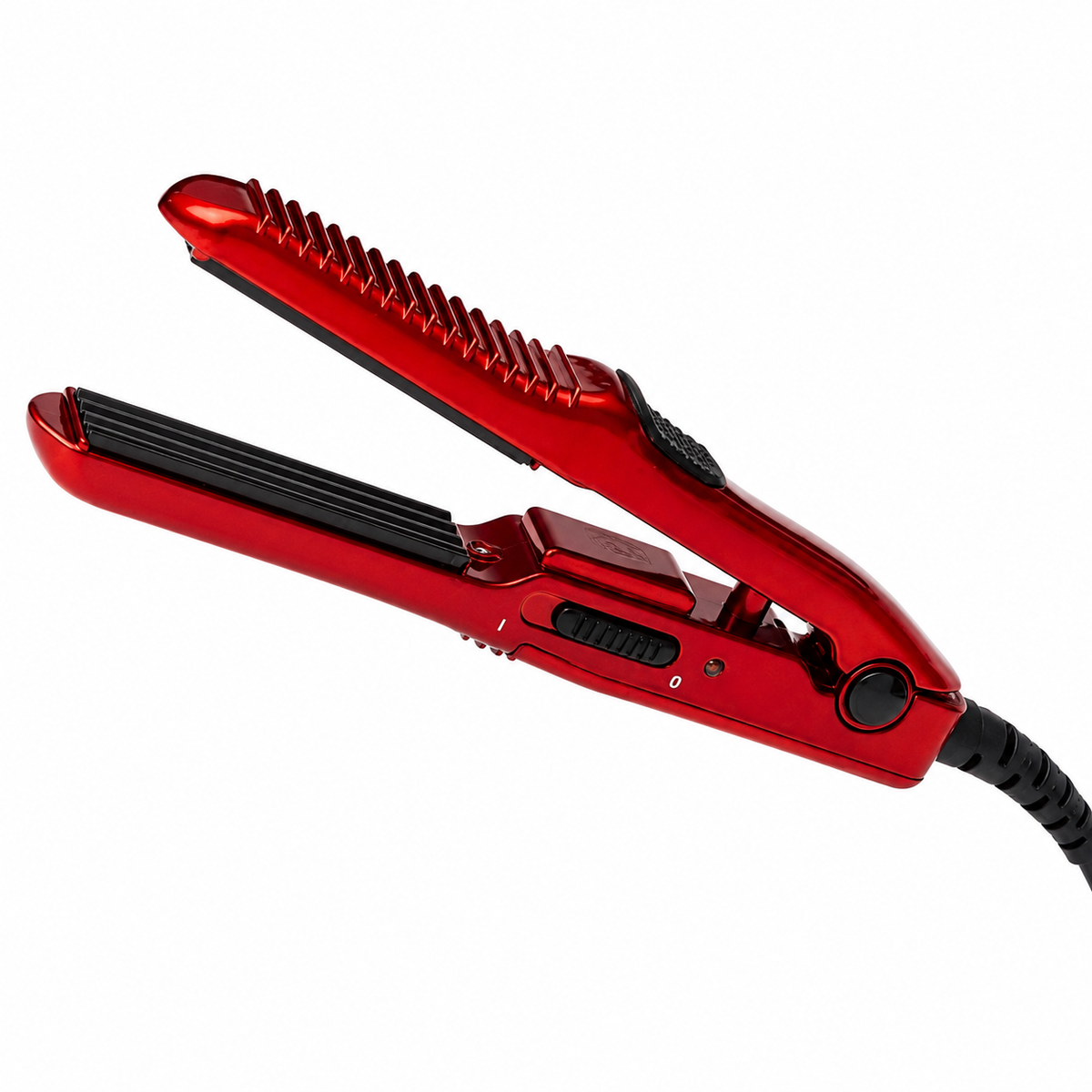 A metallic red hair straightener with black plates and a black cord, shown open against a plain white background.