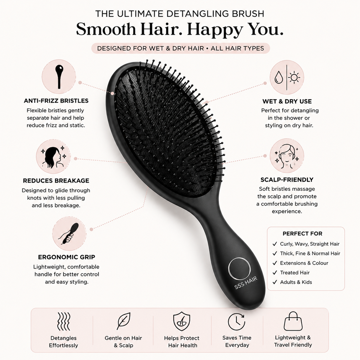 Black hairbrush with features listed on a white background