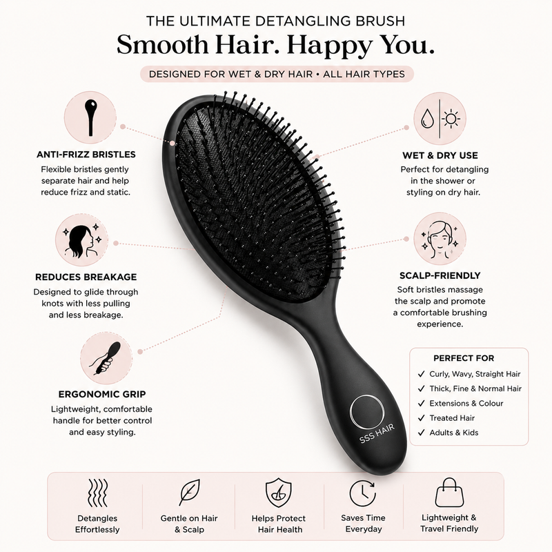 Black hairbrush with features listed on a white background