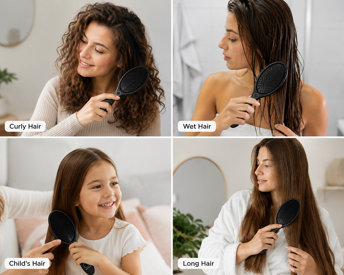 Collage of people using a hairbrush on different types of hair.