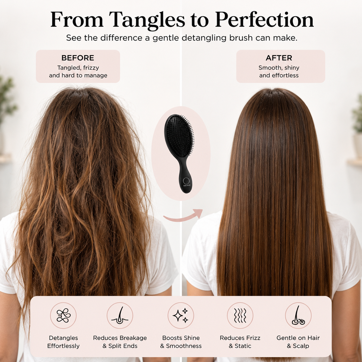 Before and after comparison of hair using a gentle detangling brush with text highlighting benefits.