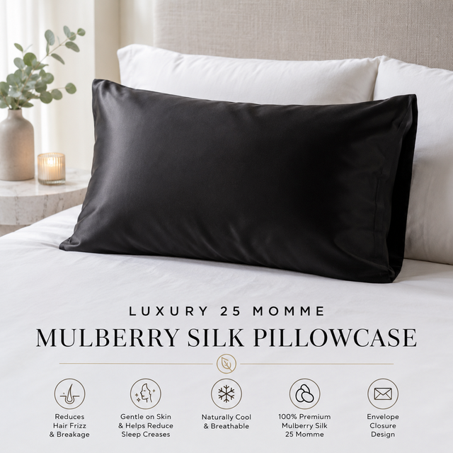 Black silk pillowcase on a bed with text highlighting features