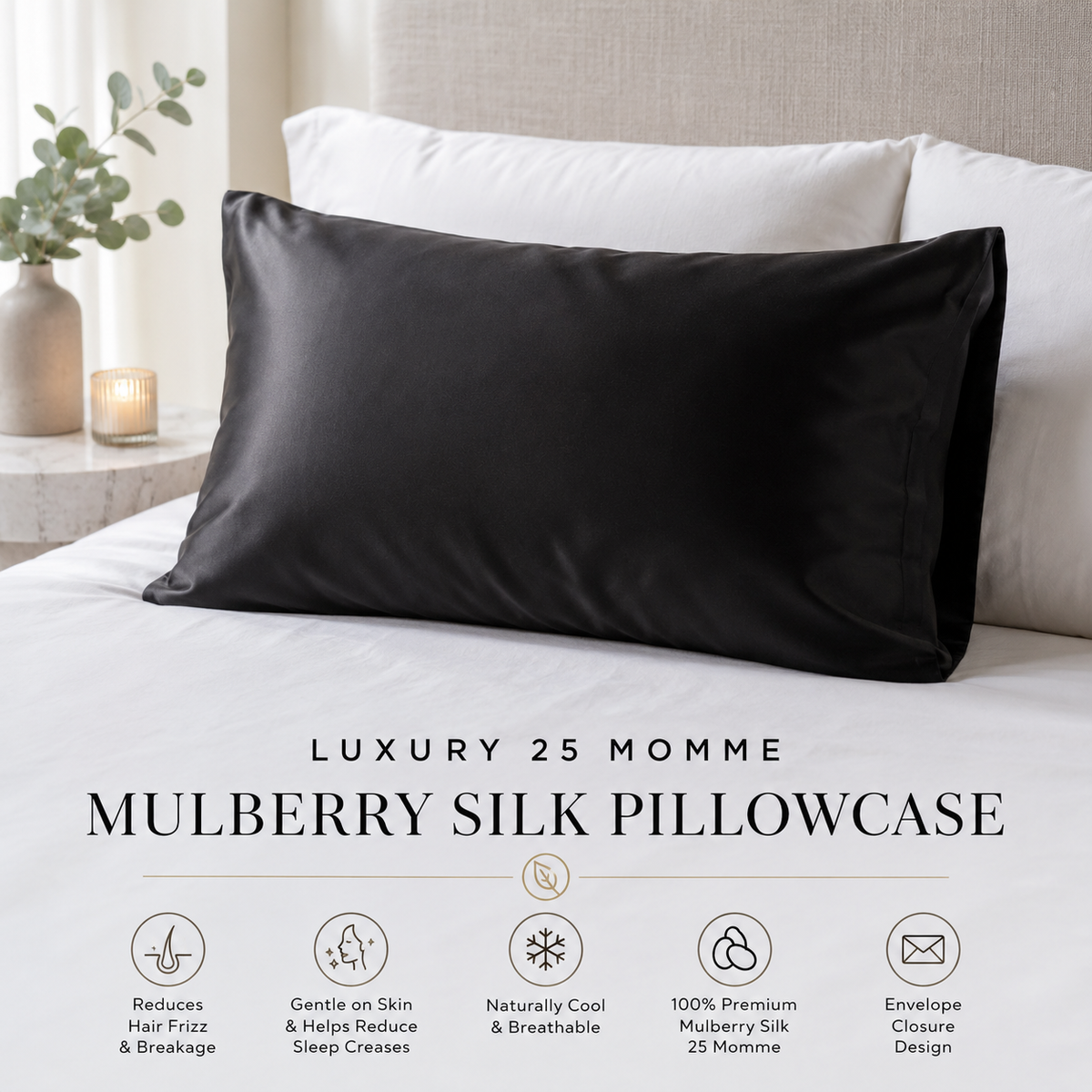 Black silk pillowcase on a bed with text highlighting features