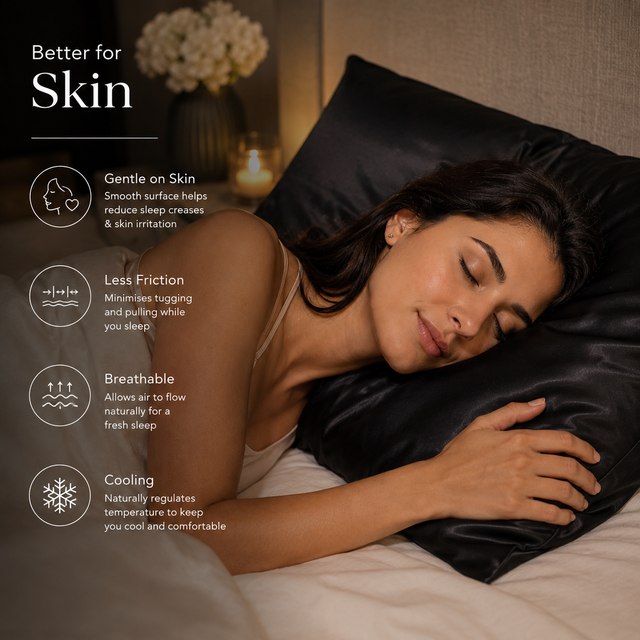 Woman sleeping on a black pillow with text about pillow benefits
