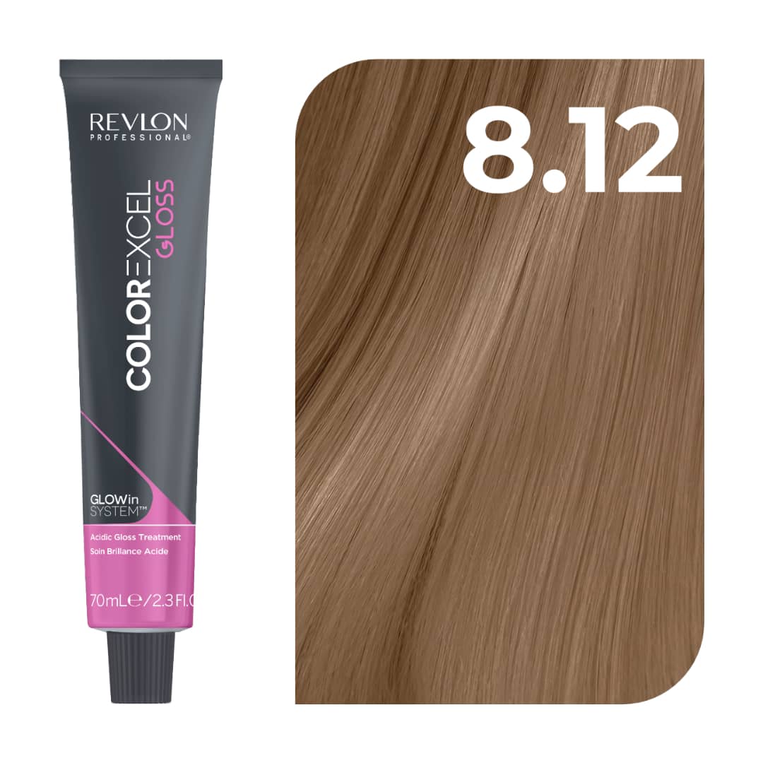 Revlon ColorXcel Gloss hair dye tube in shade 8.12, shown next to a hair color swatch on a white background.