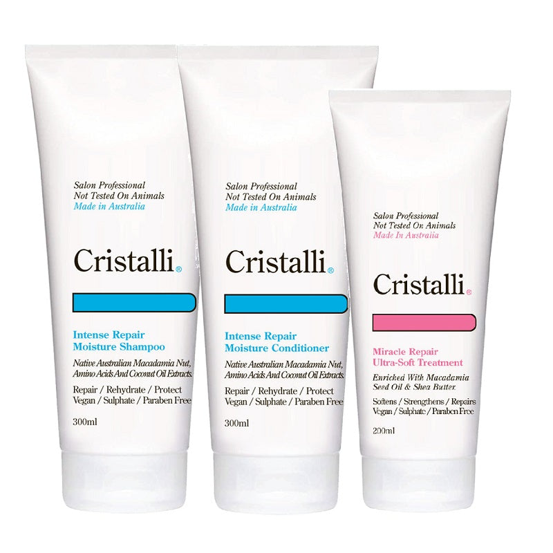 Cristalli Repair Trio Kit Intense Repair Moisture Shampoo & Conditioner + Miracle Repair Ultra-soft Treatment
