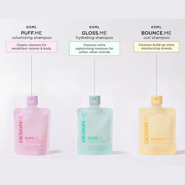 DESIGNME Squeezie Pop Pouches Display 9x Assorted Shampoo & 9x Assorted Conditioner