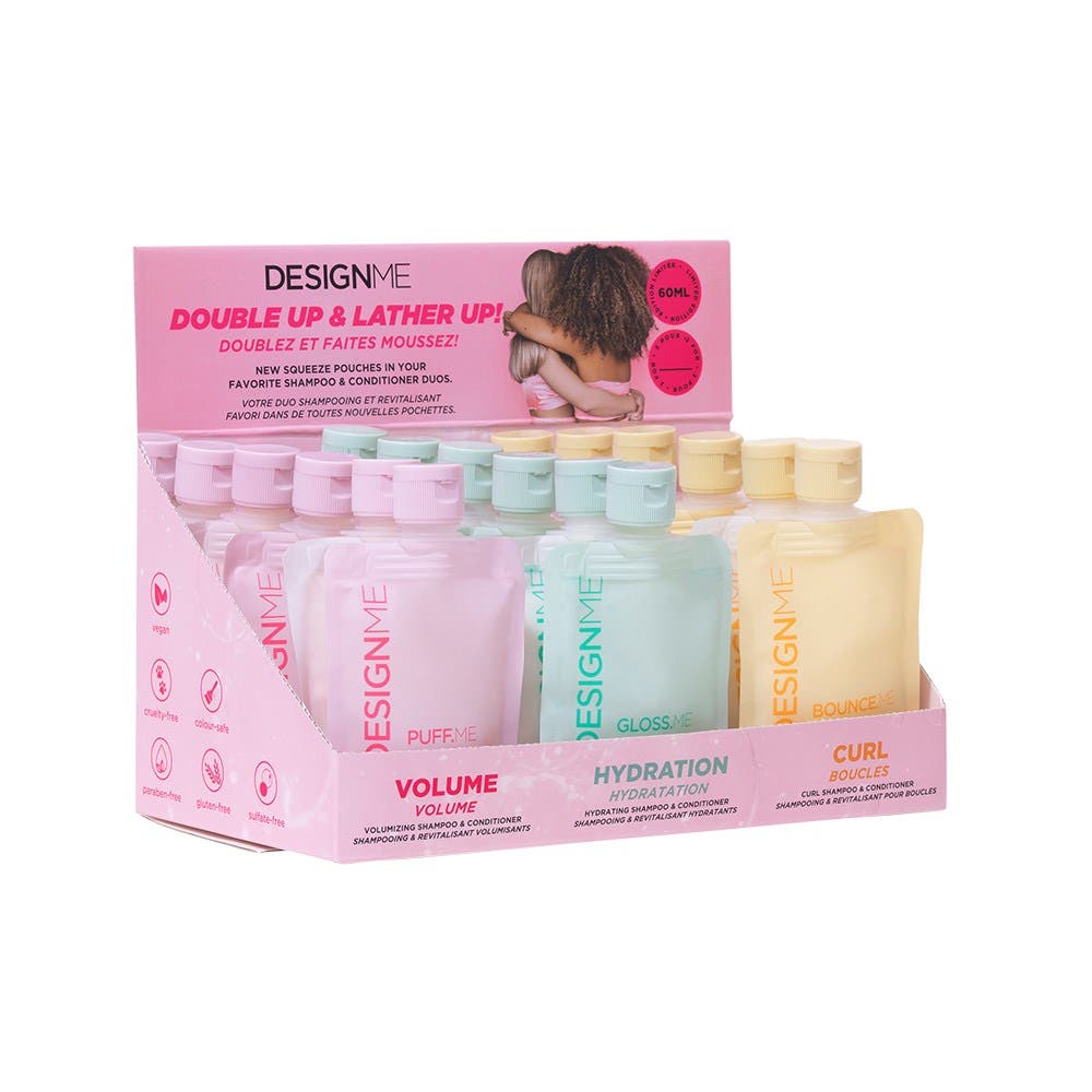 DESIGNME Squeezie Pop Pouches Display 9x Assorted Shampoo & 9x Assorted Conditioner