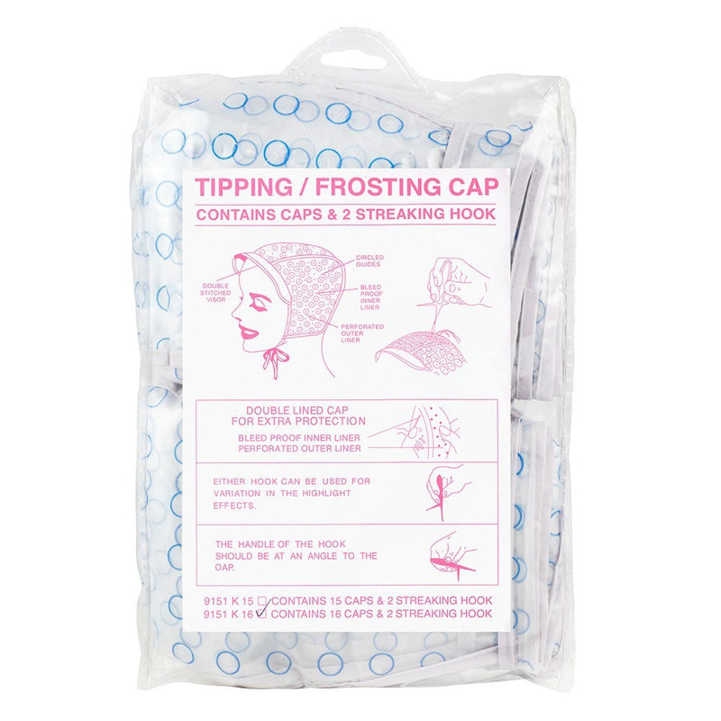 Dateline Professional Disposable Tipping/ Frosting/ Streaking Cap Pack 16 Caps & 2 Streaking Hooks