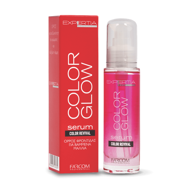 FARCOM Expertia Color Glow Serum 50ml bottle with pump next to red Color Revival box