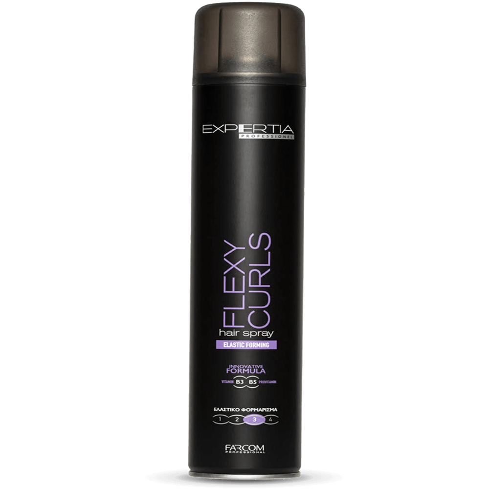Farcom Expertia Flex Curls Hair Spray 500ml black aerosol can with purple label for elastic curly hair