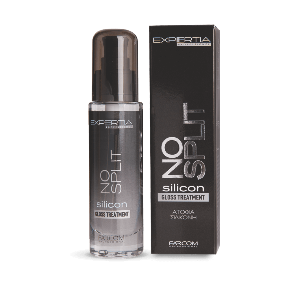 Farcom Expertia No Split Silicon Gloss Treatment 50ml transparent bottle with pump dispenser beside black retail box