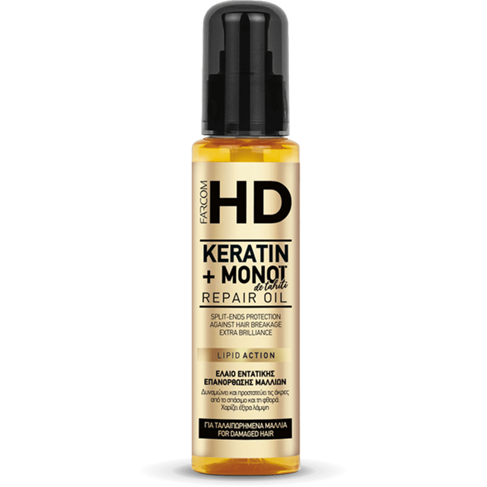 FARCOM HD Keratin + Monoi de Tahiti Repair Oil 100ml bottle for damaged hair
