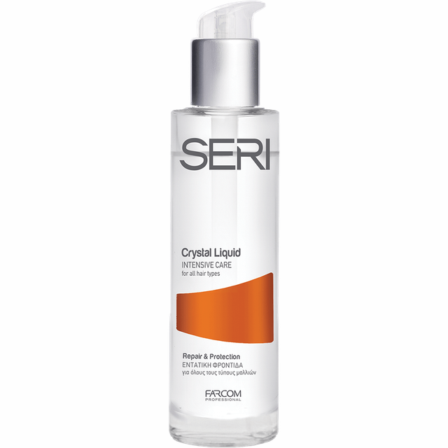 Farcom Seri Crystal Liquid Repair & Protection Silk Proteins 50ml serum in transparent glass bottle with silver pump for frizz reduction