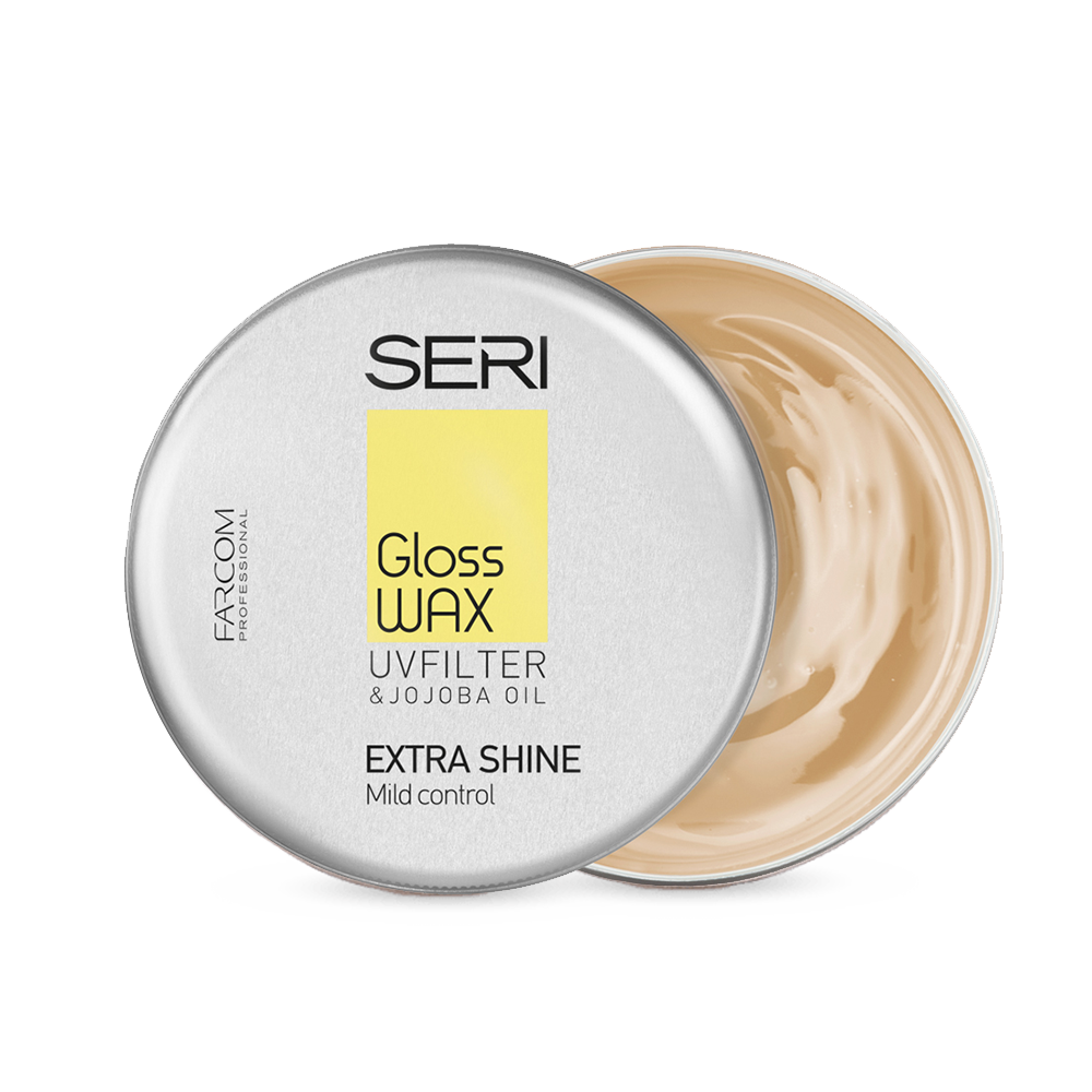 Open Farcom Seri Gloss Wax tin showing light beige wax texture and UV filter Jojoba oil lid